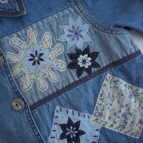 Vintage Keren Hart Blue Patchwork Button Up Lightweight Denim Jacket Xl - Picture 9 of 13